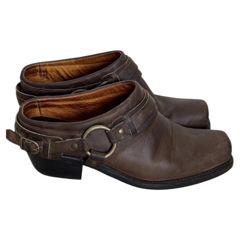 Frye Brown Leather Harness Mule Clogs